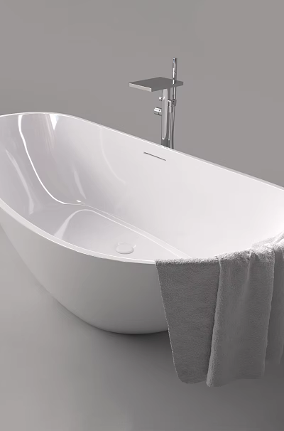 Sleek White Freestanding Bathtub With Chrome Faucet And Gray Towel 3d model