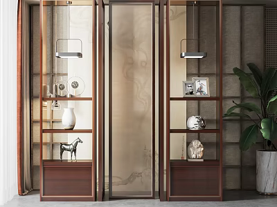 Double Wooden Storage Shelving Units With Open Shelves Decorative Vases Figurines And Indoor Plant 3d model