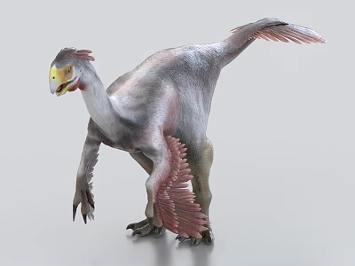 Realistic Feathered Dinosaur with Crested Head Yellow Beak Wings Tail Standing Posture 3d model