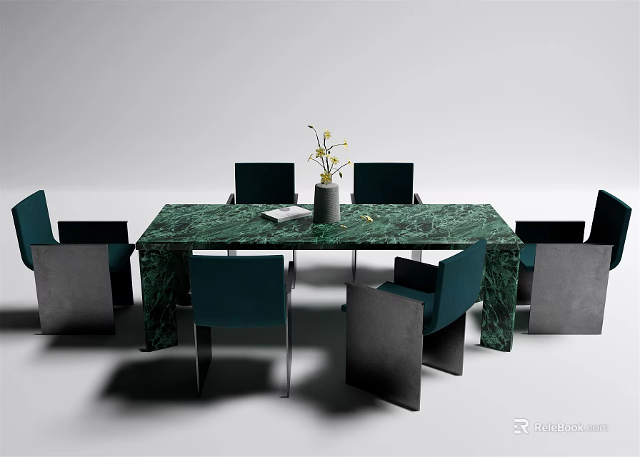Green Marble Dining Table Set With Dark Blue Chairs Metal Legs Vase And Book 3d model 
