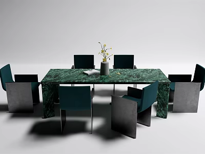 Green Marble Dining Table Set With Dark Blue Chairs Metal Legs Vase And Book 3d model