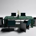 Green Marble Dining Table Set With Dark Blue Chairs Metal Legs Vase And Book
