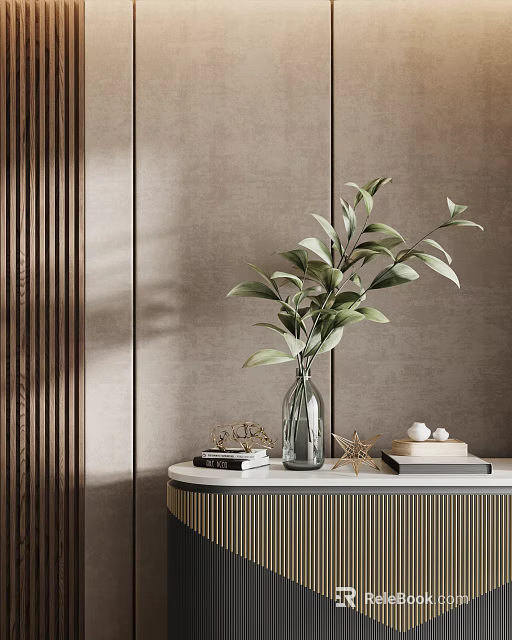 Ornamental Decor Set With Glass Vase Green Leaf Plant Books Gold Star Ornament White Spheres 3d model 