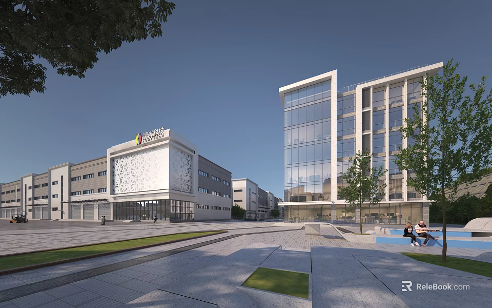 Modern Industrial Factory Exterior Architecture With Glass Facade Green Plaza And Trees 3d model 