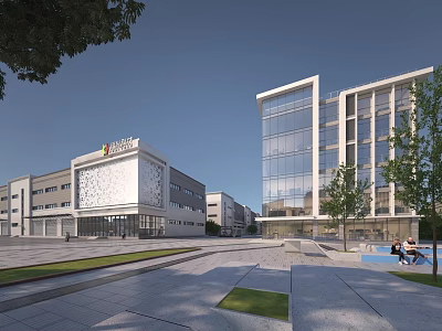 Modern Industrial Factory Exterior Architecture With Glass Facade Green Plaza And Trees 3d model