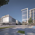 Modern Industrial Factory Exterior Architecture With Glass Facade Green Plaza And Trees