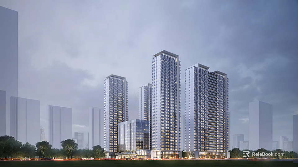 Modern High Rise Residential Building With Glass Curtain Walls And Urban Greenery 3d model 