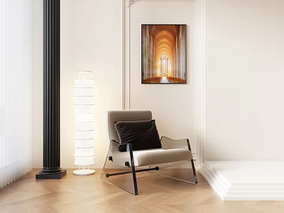 Modern Gray Velvet Single Sofa with Black Legs White Floor Lamp and Arched Wall Painting 3d model