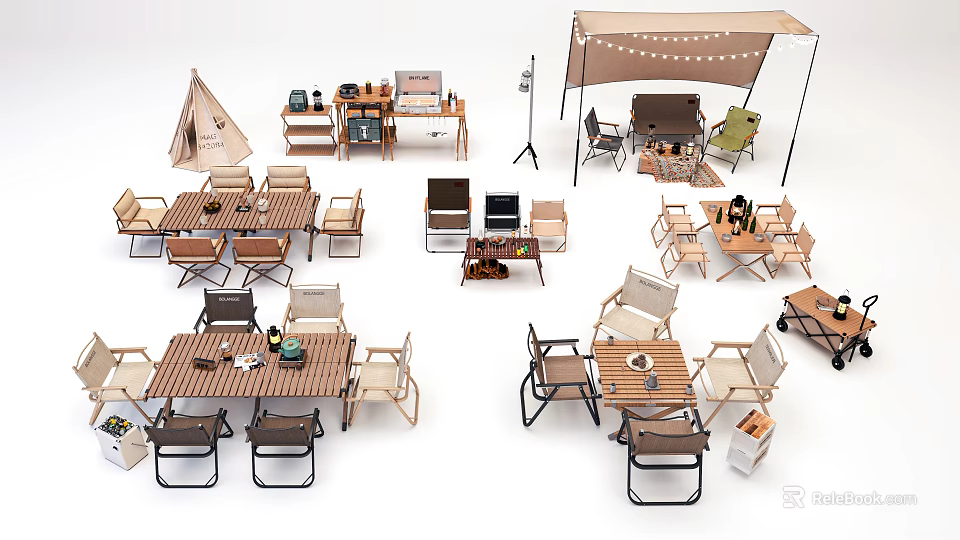 Portable Folding Outdoor Camping Table And Chair Sets With Tent And Lighting Gear 3d model 