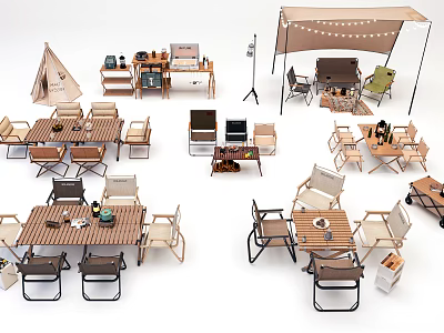 Portable Folding Outdoor Camping Table And Chair Sets With Tent And Lighting Gear 3d model