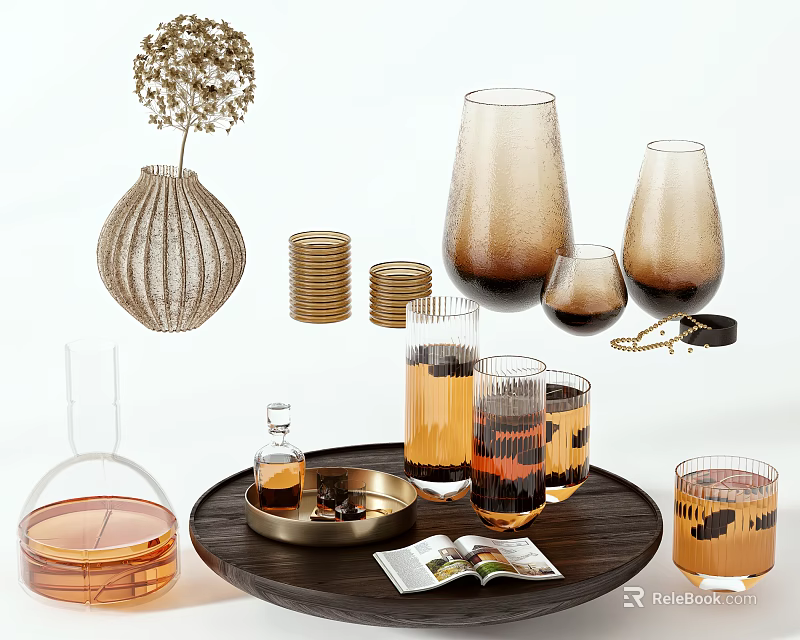 Wine Bottles and Amber Glasses on Wooden Tray with Decorative Vase Brass Coasters and Magazine 3d model 