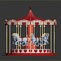 Kids Fun Red Carousel Ride with Blue Horses Heart Decor and Gold Frame