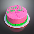 Pink Birthday Cake With Green Frosting Border And Happy Birthday Text