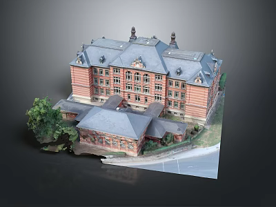 Cartoon Scene Of Red Brick Building With Gray Roof Multiple Windows Green Trees And Annex Building 3d model