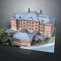 Cartoon Scene Of Red Brick Building With Gray Roof Multiple Windows Green Trees And Annex Building