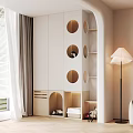 Modern Minimalist Interior White Decorative Cabinet With Circular Cutouts Pet Door Storage And Floor Lamp
