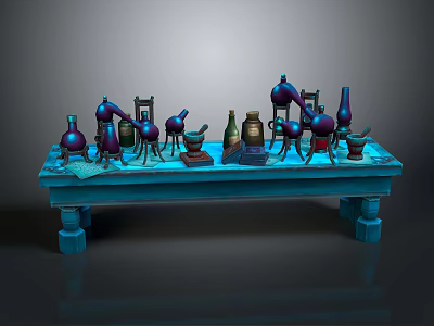 Laboratory Equipment Setup on Blue Workbench with Flasks Mortar and Test Tubes 3d model