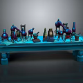 Laboratory Equipment Setup on Blue Workbench with Flasks Mortar and Test Tubes