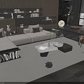 Modern Living Room Sofa Coffee Table Set With Striped Rug Bookshelf And Plants