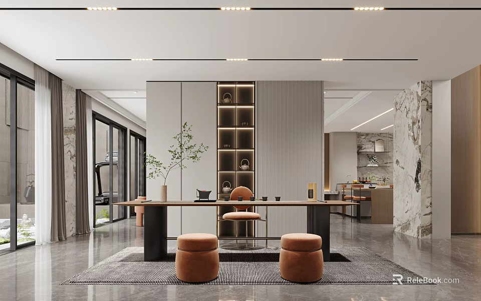 Modern Tea Room Interior Design With Wooden Table Orange Stools And Plants 3d model