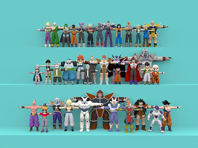 Colorful Anime Game Characters Standing in Various Poses with Unique Costumes and Designs 3d model