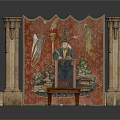 Classical Stone Columns Flanking Ornate Tapestry With Front Small Wooden Table Featuring Eagle And Figure