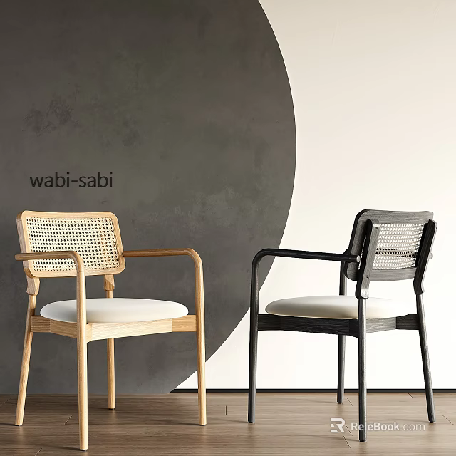 Wabi Sabi Style Dining Chairs With Rattan Backrest Wooden Frame And White Cushion 3d model 