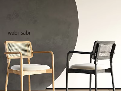 Wabi Sabi Style Dining Chairs With Rattan Backrest Wooden Frame And White Cushion 3d model