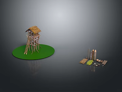 Scenic View of Thatched Wooden Tower on Green Platform with Construction Materials and Gray Background 3d model