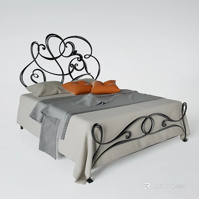 Double Bed with Wrought Iron Scroll Headboard Footboard Light Gray Bedspread Gray Throw Blanket Orange Pillows 3d model 