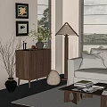 Vintage Solid Wood Side Cabinet Bone Line Low Cabinet Middle Ancient Floor Lamp Combination 3d model