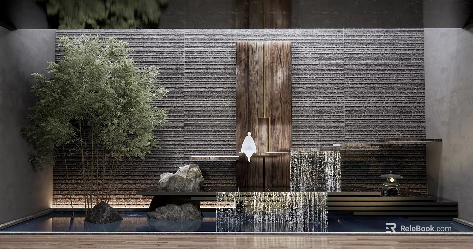 Natural Style Feature Wall Design With Wooden Panel Water Flow Green Plants And Stones 3d model 