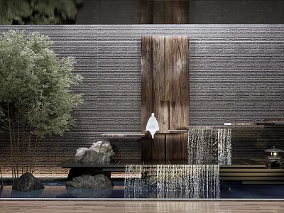 Natural Style Feature Wall Design With Wooden Panel Water Flow Green Plants And Stones 3d model