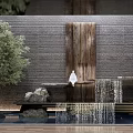 Natural Style Feature Wall Design With Wooden Panel Water Flow Green Plants And Stones