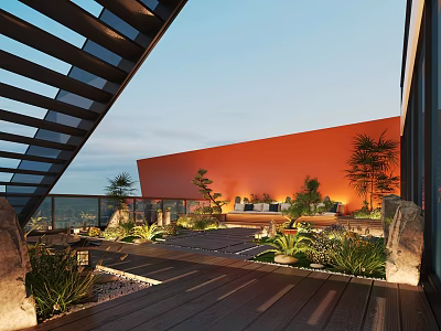 Modern Rooftop Terrace Design With Orange Wall Wooden Flooring Plants And Outdoor Furniture 3d model