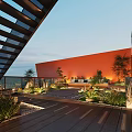 Modern Rooftop Terrace Design With Orange Wall Wooden Flooring Plants And Outdoor Furniture