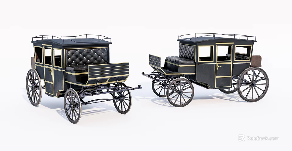 Two Elegant Black Vintage Carriages With Gold Accents And Spoked Wheels 3d model 