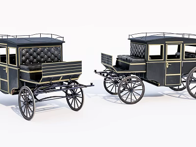 Two Elegant Black Vintage Carriages With Gold Accents And Spoked Wheels 3d model
