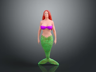 3D Mermaid Model With Red Hair Purple Bikini Top Green Scaly Tail On Gray Background 3d model