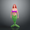 3D Mermaid Model With Red Hair Purple Bikini Top Green Scaly Tail On Gray Background