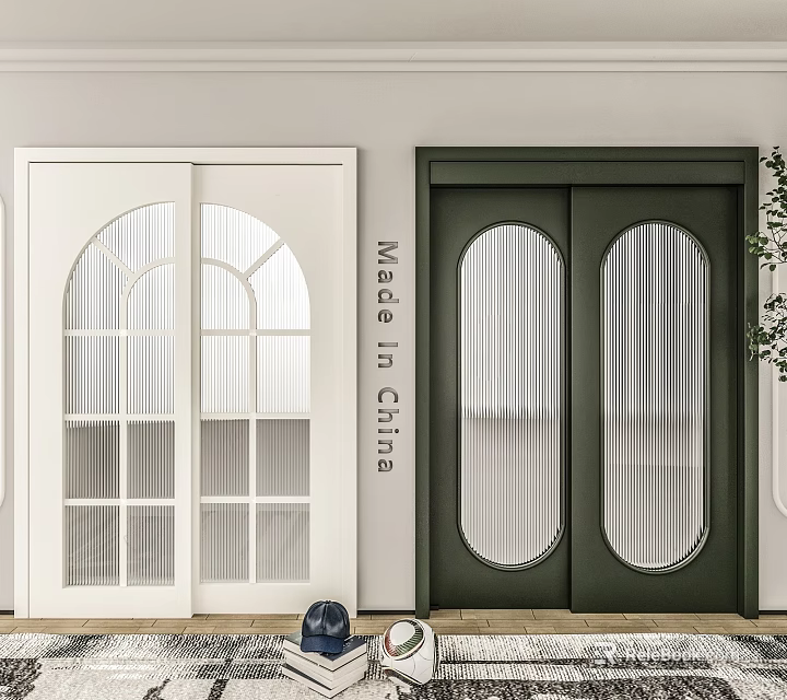 Sliding Doors in White and Green Featuring Arched and Vertical Striped Glass Panels 3d model 