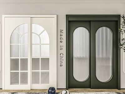 Sliding Doors in White and Green Featuring Arched and Vertical Striped Glass Panels 3d model