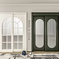 Sliding Doors in White and Green Featuring Arched and Vertical Striped Glass Panels