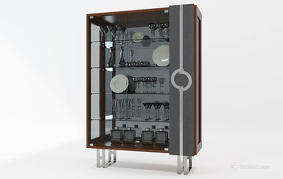Modern Wooden Wine Cabinet With Glass Doors Displaying Wine Glasses Plates And Bottles 3d model 