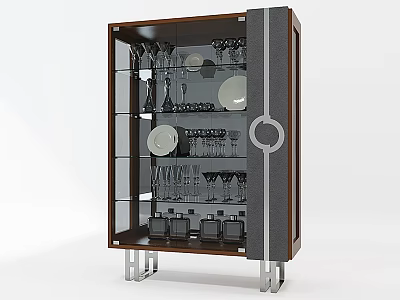 Modern Wooden Wine Cabinet With Glass Doors Displaying Wine Glasses Plates And Bottles 3d model