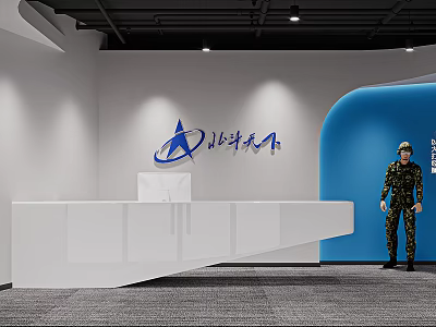 Modern Office Reception Desk With White Counter Blue Accent Wall And Logo 3d model