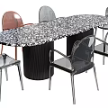Modern Dining Table Set with Speckled Top Ribbed Black Base Acrylic Transparent Chairs Red Backrest 3d model