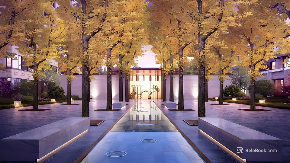 Serene Residential Landscape With Lush Yellow Trees Water Channel And Illuminated Pathway 3d model 