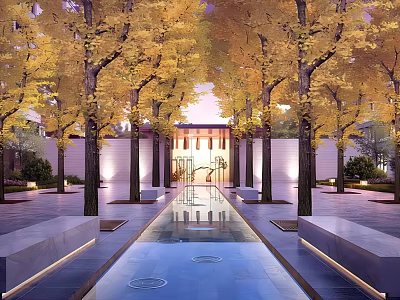 Serene Residential Landscape With Lush Yellow Trees Water Channel And Illuminated Pathway 3d model