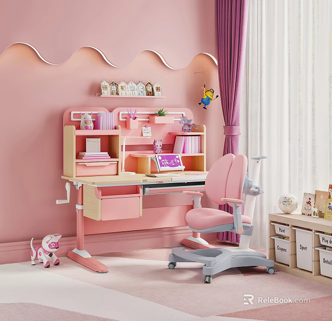 Pink Adjustable Children's Desk With Chair And Shelves In Kids Room 3d model 